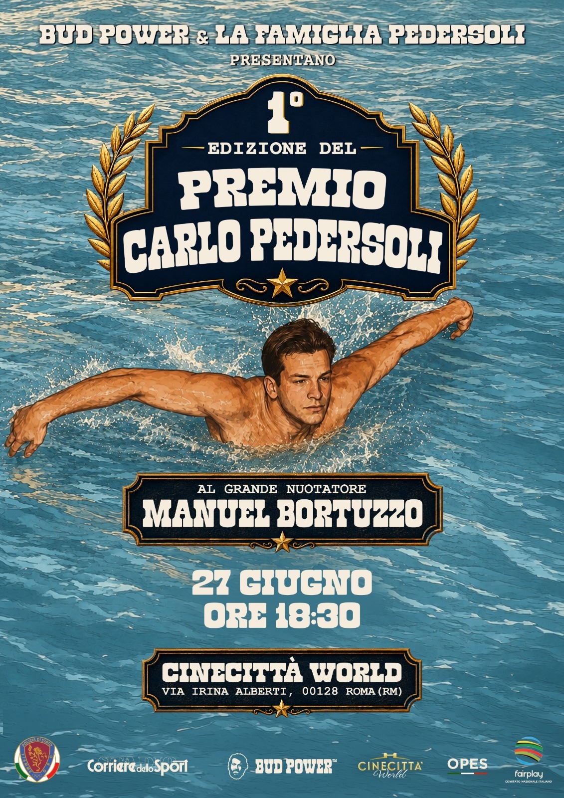 Locandina premio Carlo Pedersoli - Bud Spencer a Manuel Bortuzzo